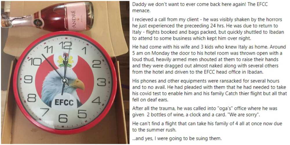 Nigerians react as man gets 2 bottles of wine and branded clock from EFCC for wrongfully arresting him