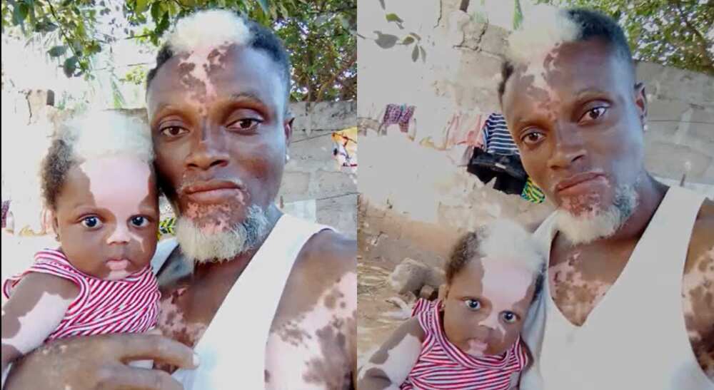 Photos of a man and his daughter who looks like him.