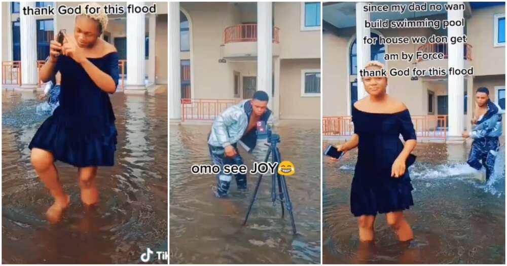 Mansion, siblings play in flooded mansion, swimming pool, playing in the flood, Nigerian flood latest news