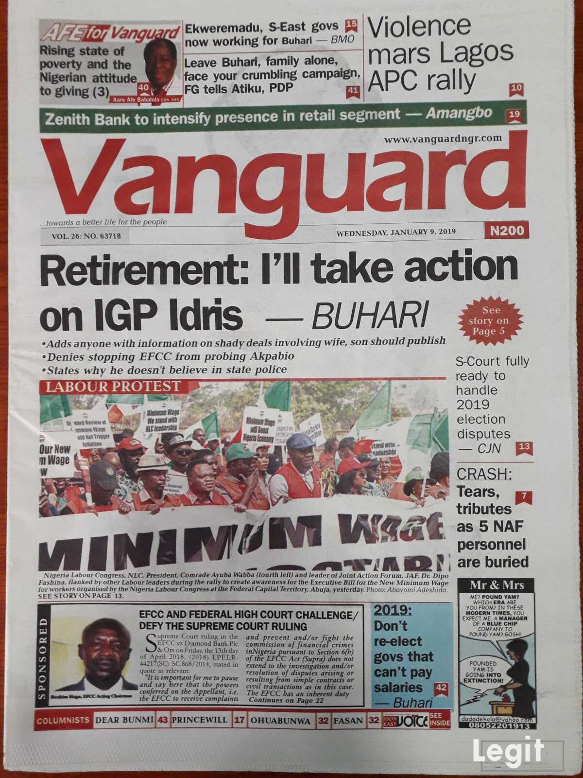 Vanguard newspaper for Wednesday, January 9. Credit: Legit.ng