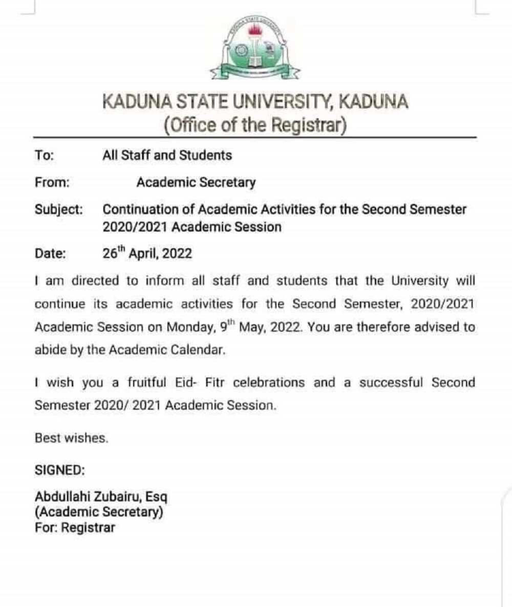 Yajin Aikin ASUU: Jami'ar Jihar Kaduna Ta Umurci Ɗalibai Da Malamai Su Koma Makaranta Bayan Sallah Yajin Aikin ASUU: Jami'ar Jihar Kaduna Ta Umurci Ɗalibai Da Malamai Su Koma Makaranta Bayan Sallah