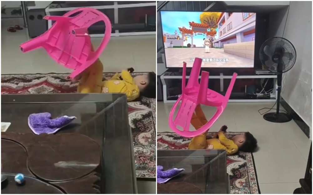 Amazing kid in yellow dress uses his legs to rotate a pink chair in stunning video