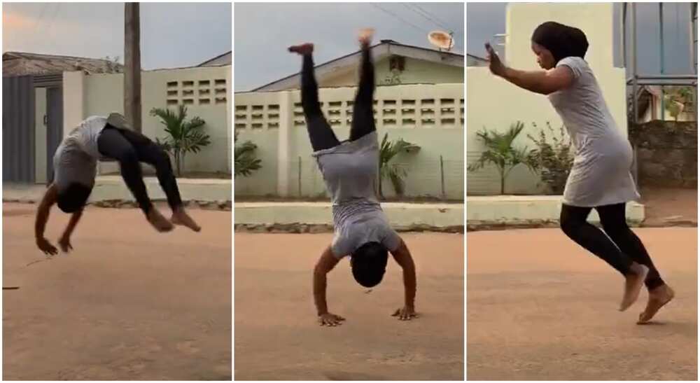 Photos of a lady performing back-flips.