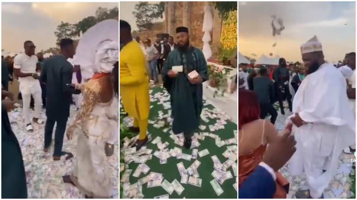 Video shows Nigerian men with big bundles of naira notes 'raining' money on party guests