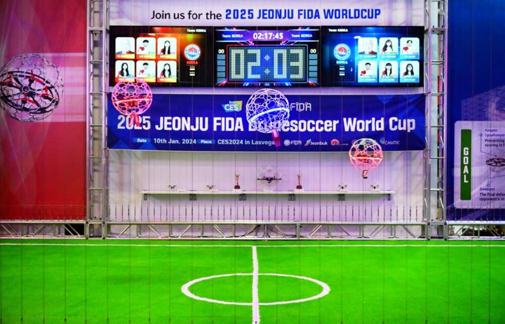 Drones hover over midfield during a drone soccer match at the Consumer Electronics Show (CES) in Las Vegas