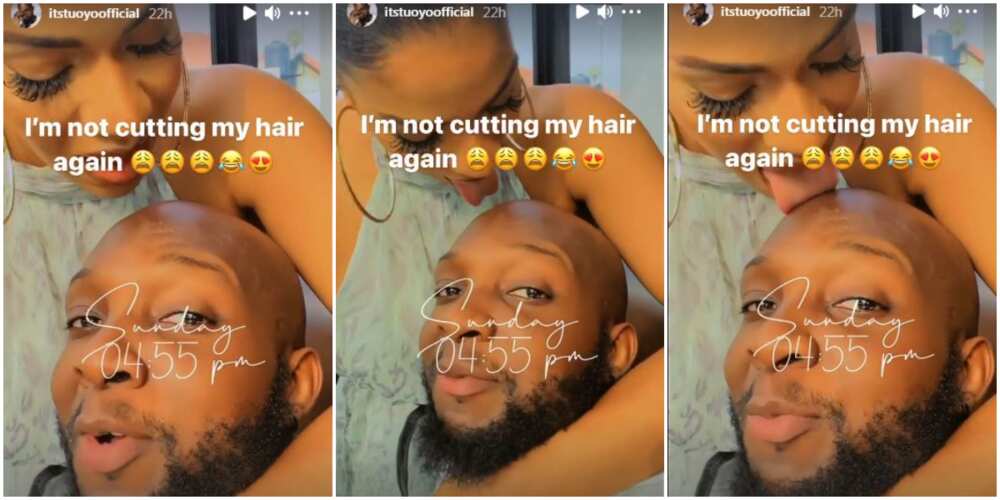 BBNaija Star Venita Lovingly Licks Tuoyo’s Bald Head in Funny Video, He Vows Not to Cut His Hair Again