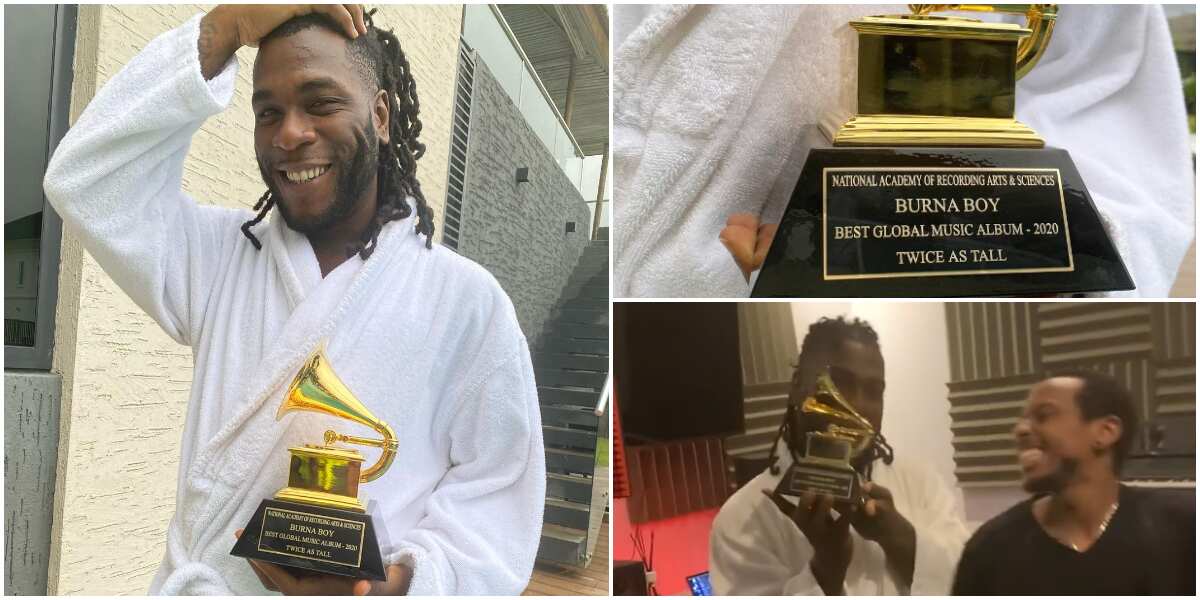 Massive jubilation as Burna Boy's Grammy plaque finally arrives his Lagos mansion, singer is all smiles