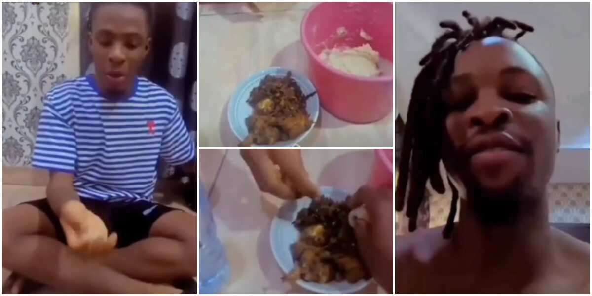 Laycon's head don dey big: Funny reactions as BBNaija star and Joeboy bond over bowl of eba and vegetable soup