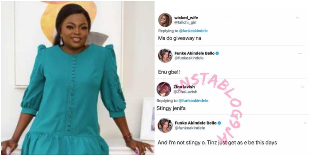 Things get as e be these days: Funke Akindele replies follower who called her stingy