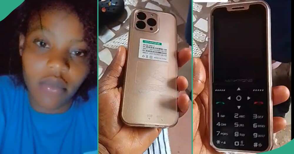 Lady shows phone her father bought for her.