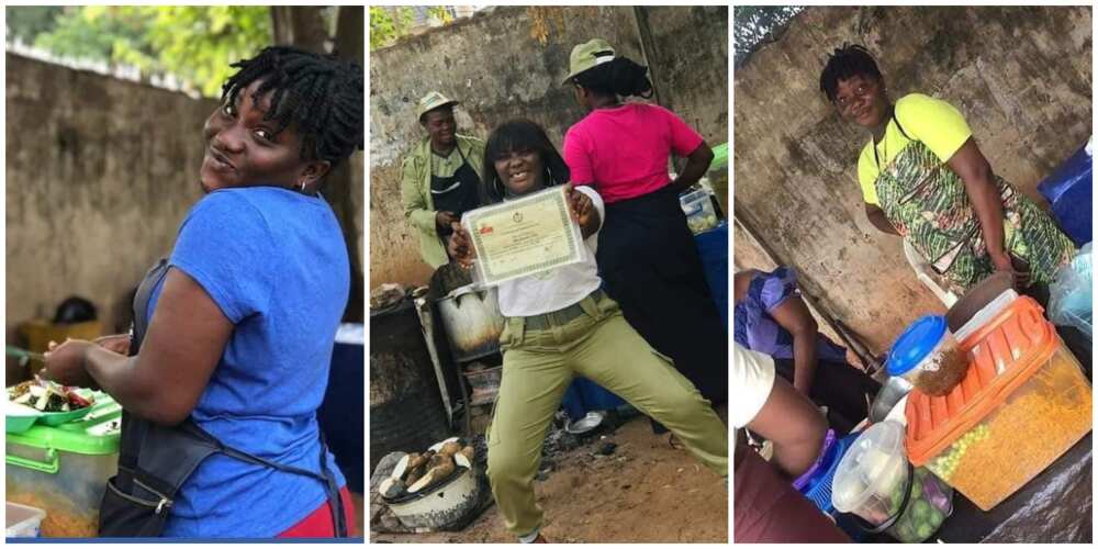 Nigerians react as female graduate becomes a food seller, showcases her African salad business with joy