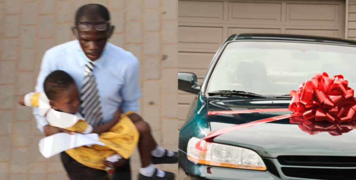 Kind father who carried his kid & couldn't get transport set to get new car gift from kind people