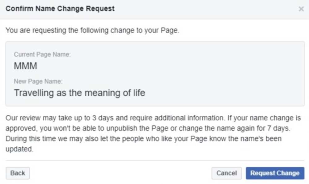 Facebook page name change request form