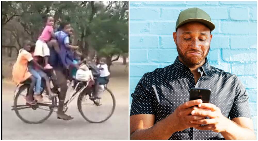 Photos of a man ridding 9 school children on bicycle.