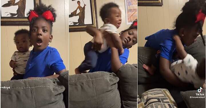 Watch moment a little girl transferred aggression on baby brother after being reminded of bad grades