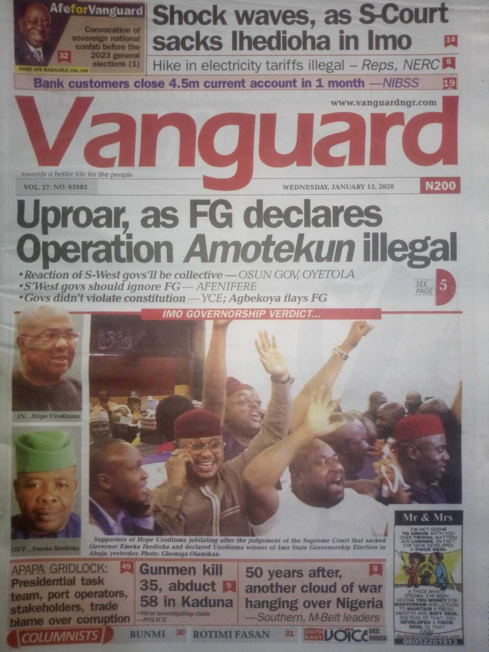 Vanguard newspaper review of January 15