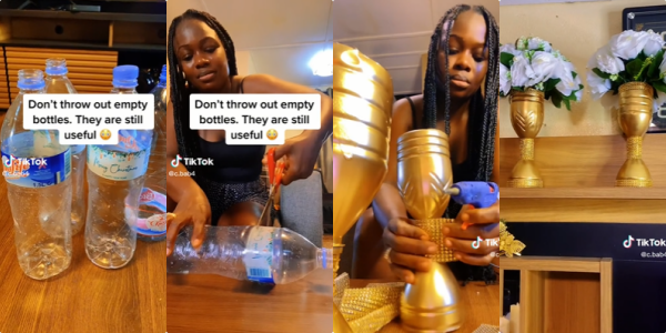 See how this lady transformed waste plastic bottles into beautiful flower vases