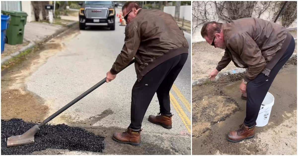 See how Arnold Schwarzenegger swung into action over huge pothole