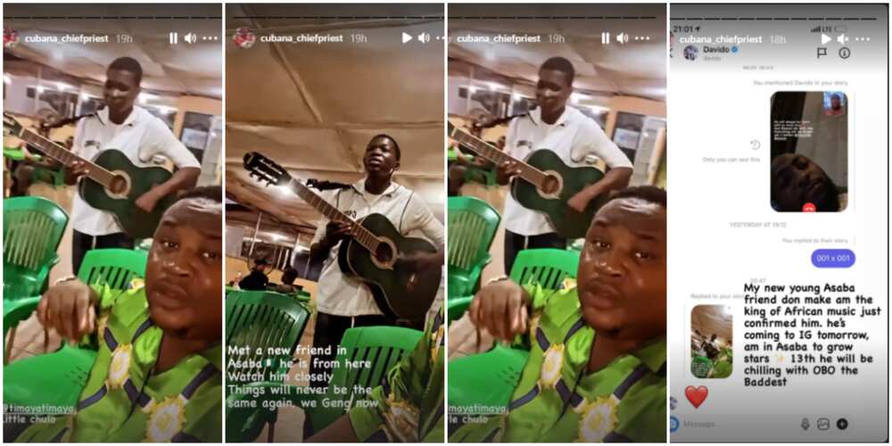 Davido reacts as Cubana Chiefpriest discovers talented Asaba guitarist