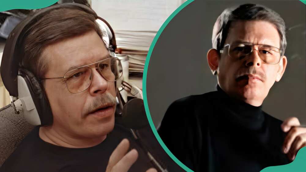 Art Bell speaking on the mic (L). Bell in a black sweater (R).