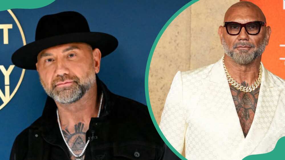 Dave Bautista at The Tonight Show Starring Jimmy Fallon (L). He attends the Dune: Part Two New York Premiere (R).