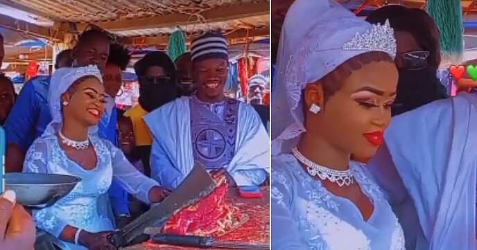 Meat seller, cut meat on wedding day, wedding attire