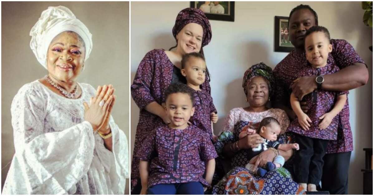 Waka queen Salawa Abeni showers praises on son's oyinbo wife on her birthday, shares adorable family photo