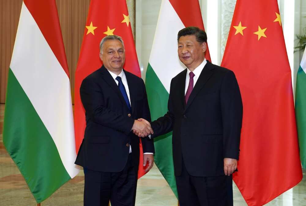 Hungarian Prime Minister Viktor Orban (L) and  Chinese President Xi Jinping, seen during a gathering  successful  2019 successful  Beijing