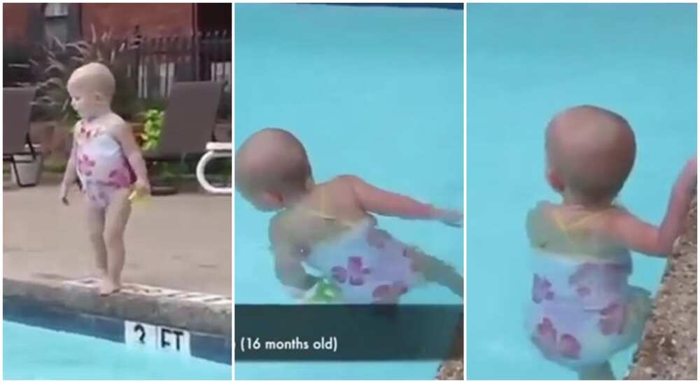 Photos of little white kid swimming.