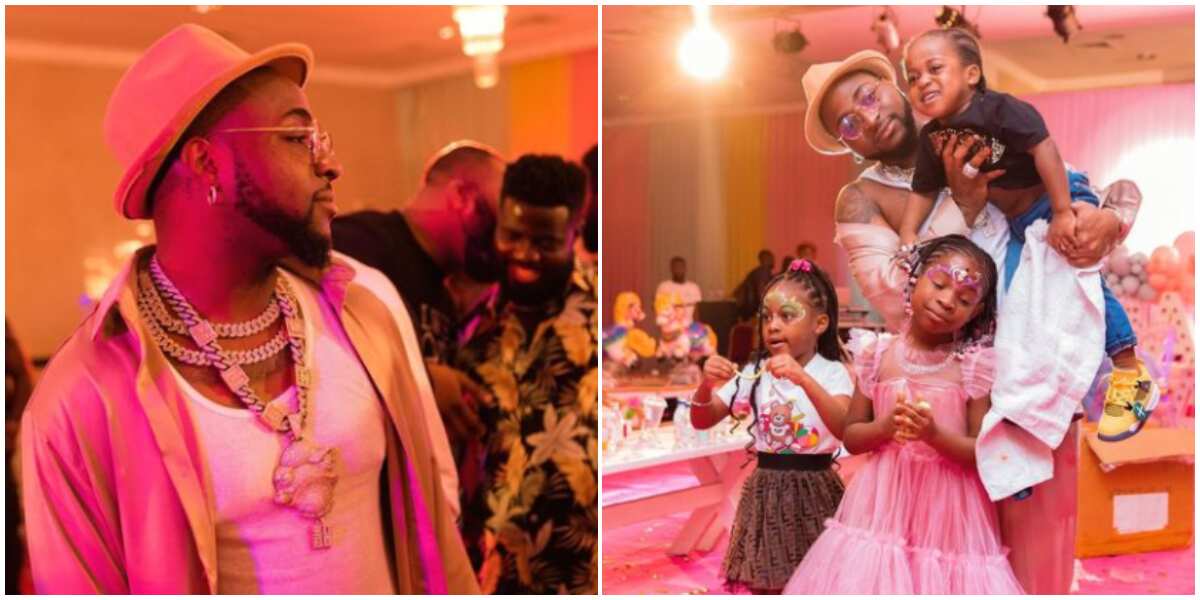 Daddy duties: Davido takes his kids Imade, Hailey and Ifeanyi to their cousin's birthday bash, poses with them