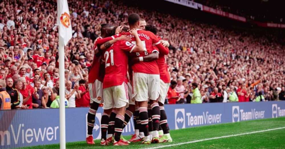 Mason Greenwood of Manchester United celebrates with team-mates during their Premier League match against Leeds at Old Trafford on August 14, 2021. (Photo by Ash Donelon/Manchester United via Getty Images)