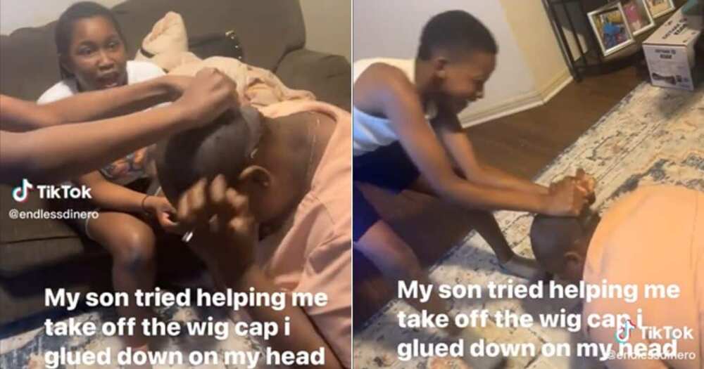 Son helps mom with wig cap stuck on head