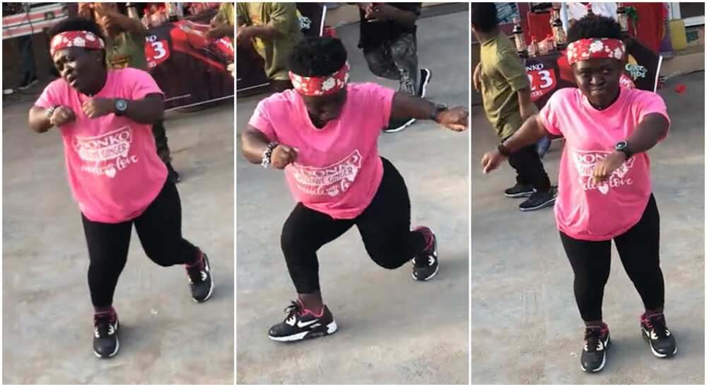 Photos of a small-looking lady dancing in public.
