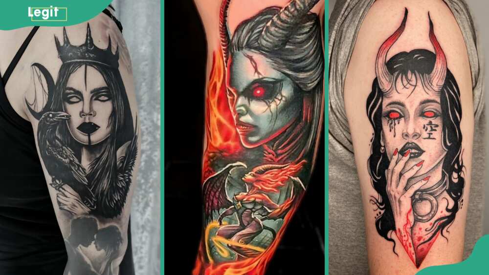 Queen (L), warrior(C), and horned succubus (R) tattoos
