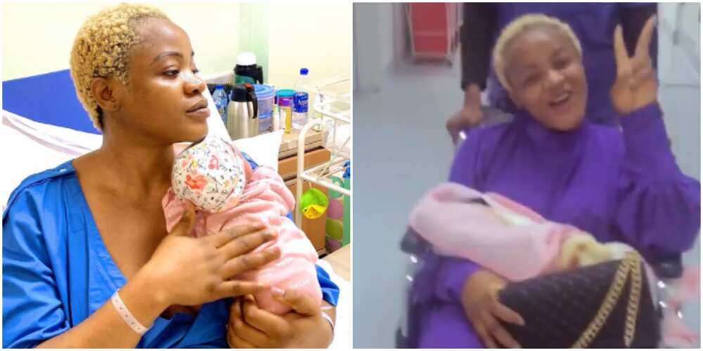 Uche Ogbodo hold her baby in her arms as they head home