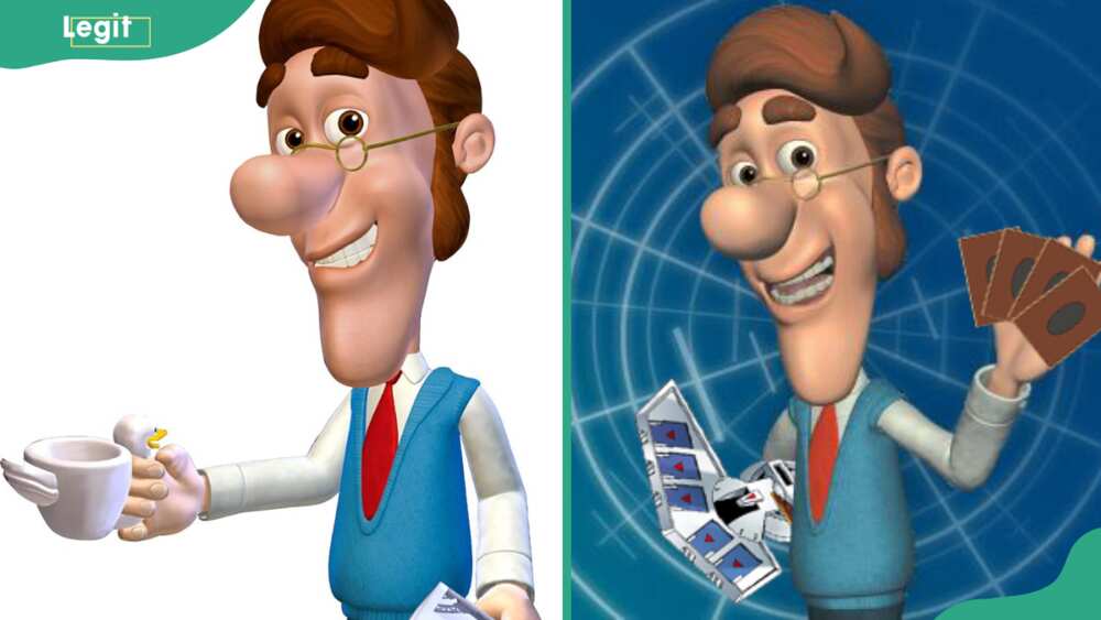 Hugh Neutron model holding a cup and card game