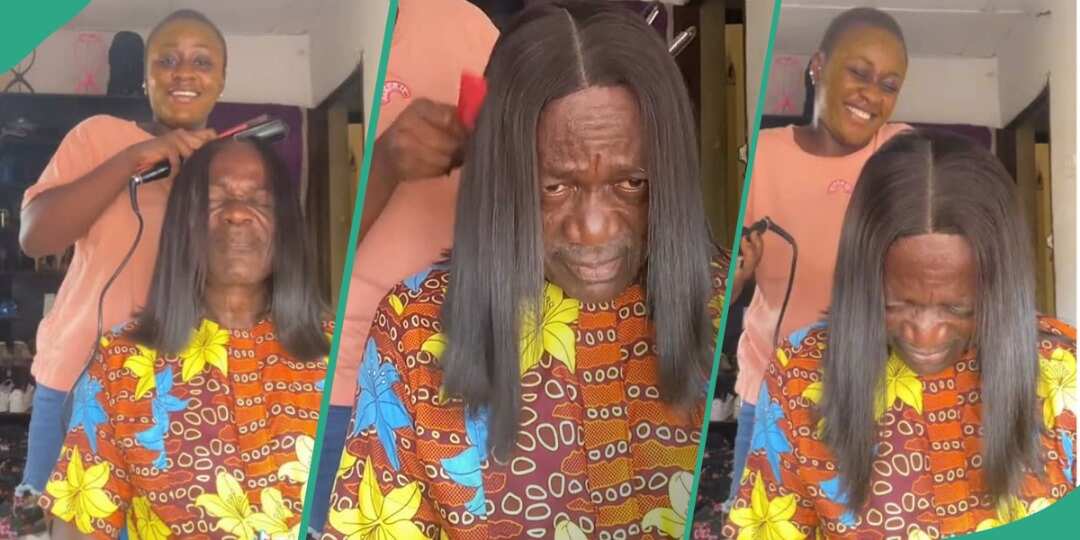 Watch video of Nigerian girl placing her wig on father’s head before straightening it