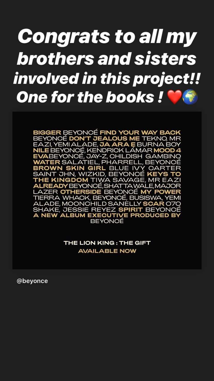 The Gift album: Davido congratulates Nigerian artists that featured in Beyonce's project