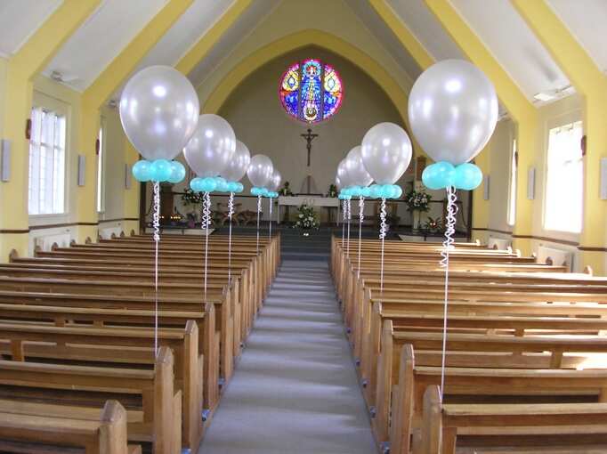 Church decorated with balloons