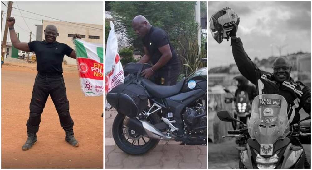 London to Lagos biker places bike on sale.