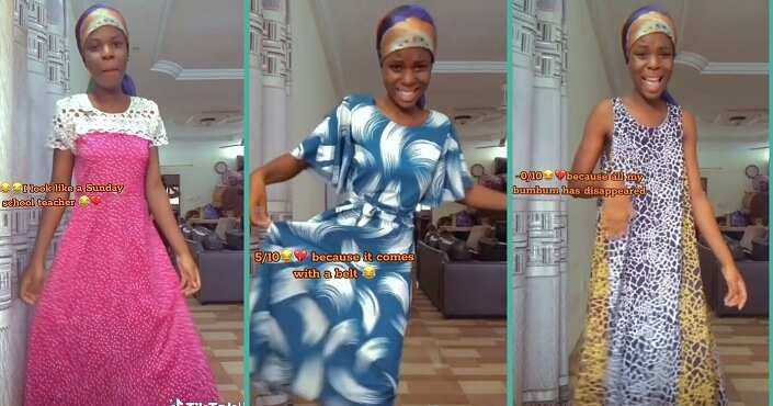 Lady hilariously shows off long party wears African mum bought for her