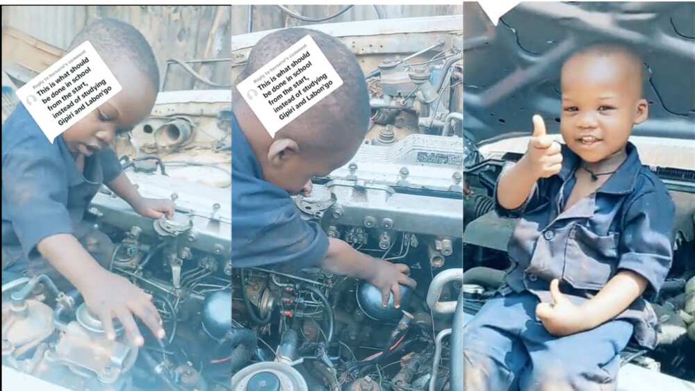 Photo of little kid repairing cars