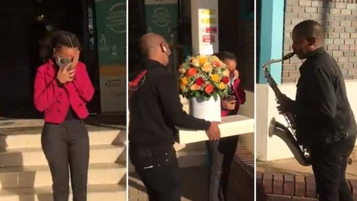 Bae of the year: Man surprises girlfriend with flowers and saxophonist at work for her birthday