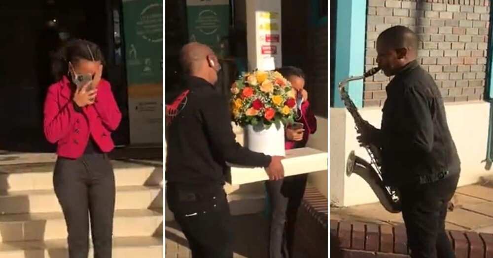 Man Surprises Girlfriend, Flowers, Saxophonist, Work, Birthday