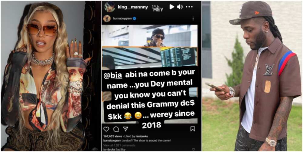 Burna Boy's Friend Shares Screenshot of US Rapper Bia's 2018 Comment Under Singer's Post