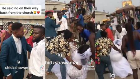 Bride collapses as husband dumps her on their way back from church on wedding day, video stirs emotions