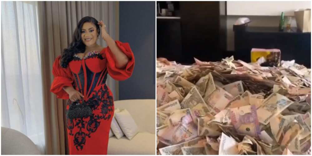 Nollywood actress Nkechi Blessing flaunts the money she made from her store opening (video)