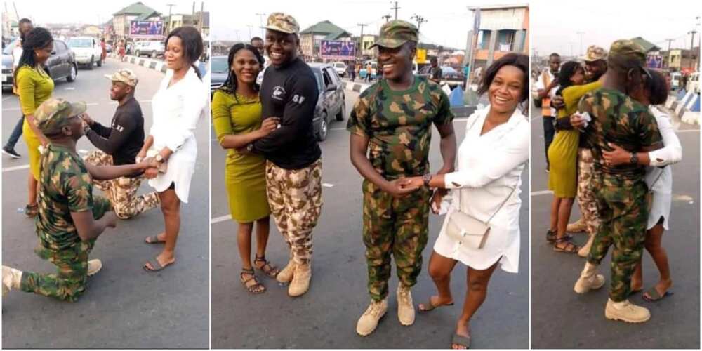 2 Nigerian Soldiers Propose to Their Girlfriends on the Road, Many React to What the Ladies Did