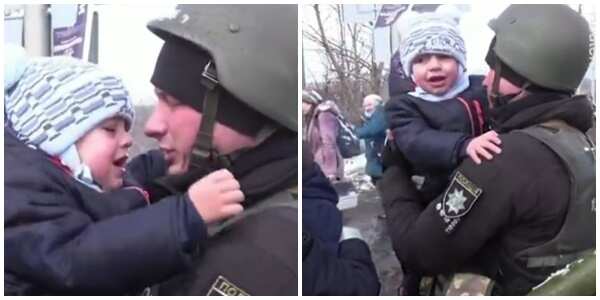 Ukrainian kid says painful goodbye to his dad as he goes off to fight Russians.