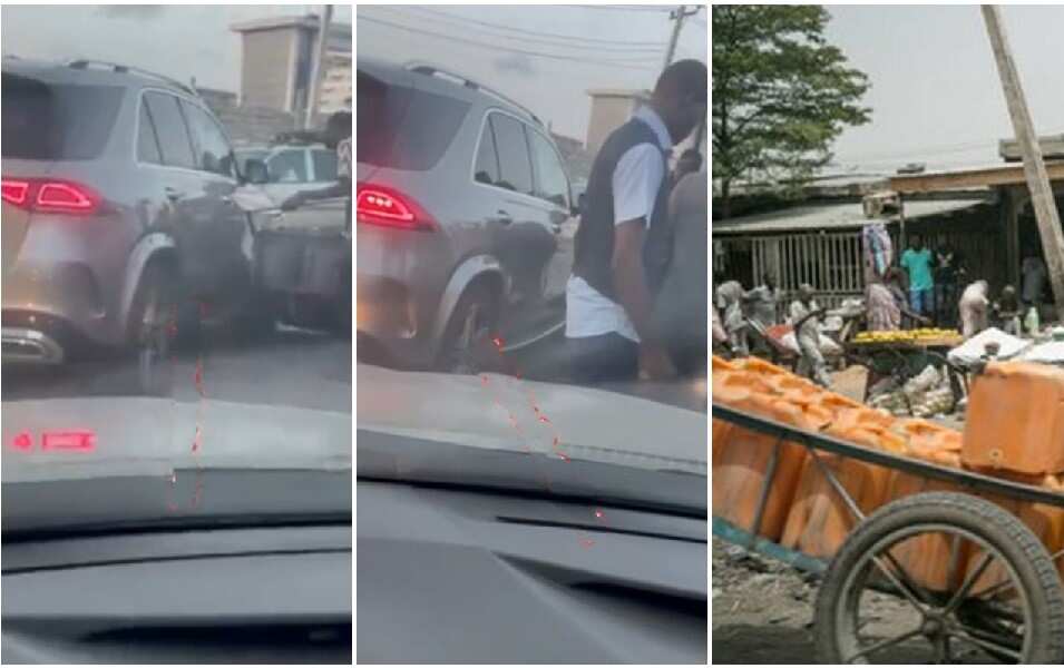 Na one chance be dat: Truck pusher buys market as he scratches expensive Benz in Lagos, funny video goes viral